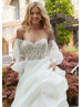 Beaded Ivory Lace Organza Pickup Wedding Dress With Detachable Sleeves